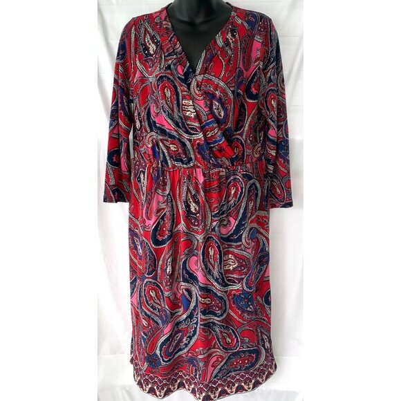 Charter Club Women Dress Size Large L Multicolor Paisley Drape V-Neck 3/4 Sleeve - Picture 1 of 7